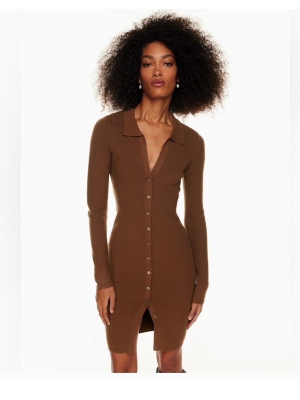 Aritzia Wilfred Cove Brown Ribbed Long-Sleeve Dress, Cognac color, Size XL